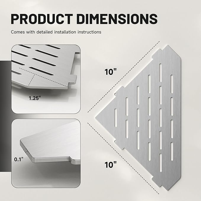 Corner Shower Shelves 10" 2 Pcs, 304 Stainless Steel Shower Corner Shelf Wall Mount Triangle Shower Caddy for Bathroom, Kitchen Organization, Brushed Nickel