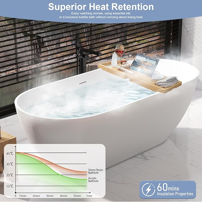 63 Inch Solid Surface Freestanding Bathtub, Oval Shaped Soaking Stone Resin Bath Tub with Brushed Overflow and Drain, Matte White Stand Alone Bathtub, cUPC Certified