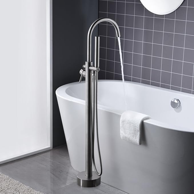 Freestanding Tub Filler Bathtub Faucet Brushed Nickel Floor Mount Single Handle Brass Faucets with Hand Shower