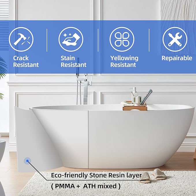 Cpingao 63" Freestanding Bathtub, Oval Shaped Resin Stone Freestanding Tubs, Solid Surface Matte White Soaking Tub with Overflow and Pop-up Drain 8801-1600