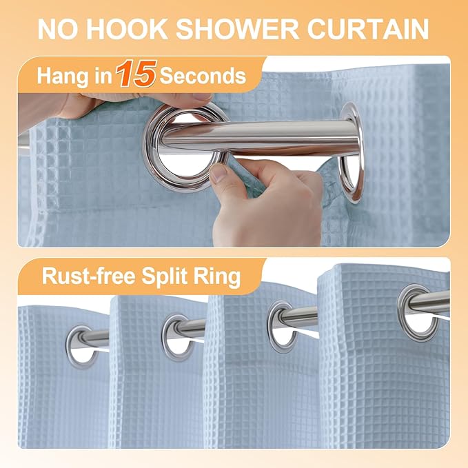 River Dream Cotton Blend Shower Curtain with Snap in Liner, Light Blue No Hook Shower Curtains for Bathroom, Hotel Grade, Water Repellent, 71" W x74 L