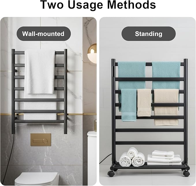 GROWNEER Upgraded Heated Towel Rack, 7 Bars Towel Warmer Rack, Wall Mounted & Freestanding Towel Warmer for Bathroom, Timer & Temperature Multi-Level Adjustments, Overheating Protection (Black)