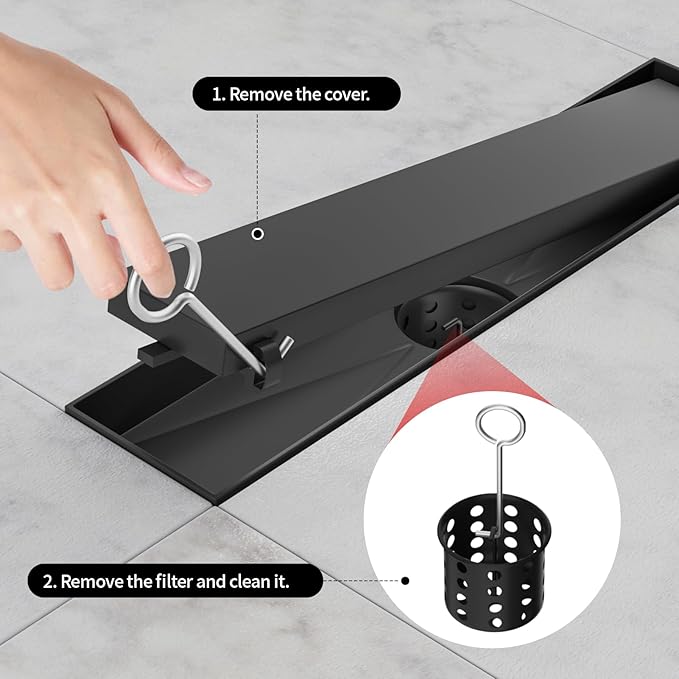 Linear Shower Drain, 304 Stainless Steel with Adjustable Leveling Feet, Hair Strainer,Reversely Install Place to Create an Invisible Floor Drain - Black -18-Inch