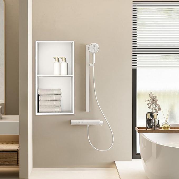 SaniteModar Shower Niche, Stainless Steel Niche for Shower Wall, 24" x 12" No Tile Needed,Recessed for Bathroom Storage (Warm White, 24" x 12",Double)