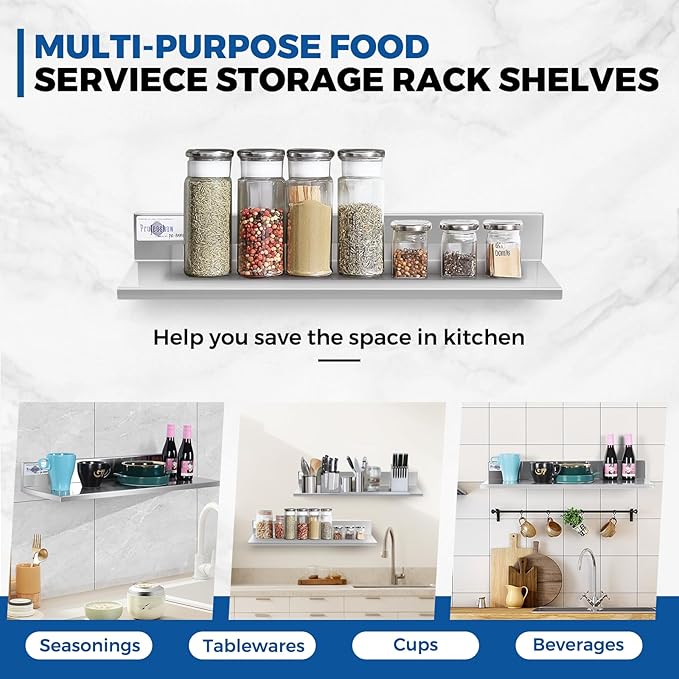 Profeeshaw Stainless Steel Shelf Wall Mounted Commercial Stainless Steel Shelves 8.6 * 24 Inch 50lb Heavy Duty Commercial Kitchen Shelf for Restaurant, Bar, Utility Room, Kitchen and Garage