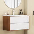 32" Wall Mounted Bathroom Vanity with Sink, Modern Floating Cabinet, Two-Tone Walnut & White Finish, 2 Soft Close Drawers, Handleless Design, Integrated Ceramic Top