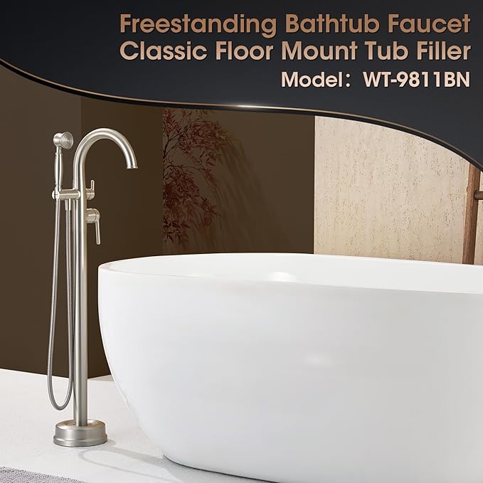 Brushed Nickel Freestanding Bathtub Faucet,Brass Floor Mount Tub Faucet High Flow Max 6.6GPM/60PSI with Hand Shower