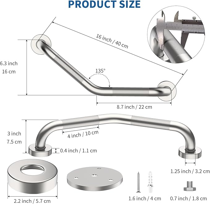 16 Inch Angled Shower Grab Bar, Munzong 2 Pack Anti Slip Satin Brushed Nickel Bathroom Grab Bar, Knurled Bathroom Balance Bar,Safety Hand Rail Support Handicap Elderly Injury Senior Assist Bath Handle