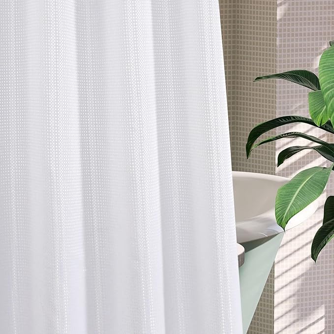 MitoVilla No Hooks Required Extra Long Shower Curtain Liner Set, 86 inch XL White Waffle Heavyweight Fabric Cloth Shower Curtains Set with Snap-in Liner for Modern Luxury Hotel & Spa Bathroom Decor