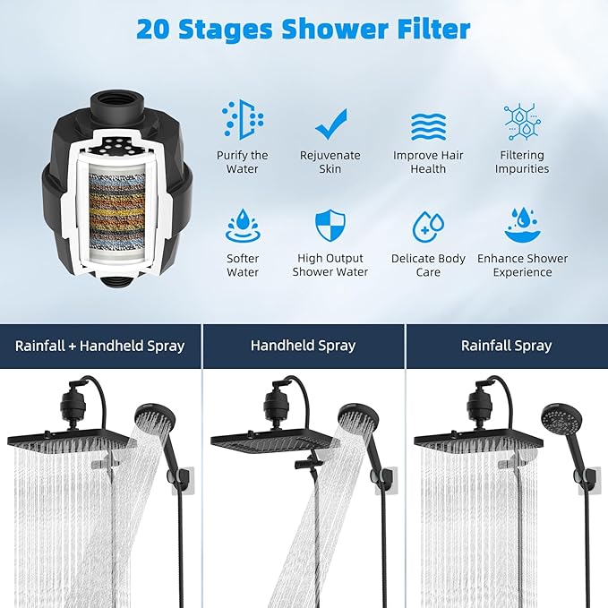 Hibbent Upgraded 5-spray 13'' Dual Filtered Rainfall Shower Head Combo, High Pressure 10-setting Handheld Shower Head with 12'' Adjustable Extension Arm, 20 Stage Shower Filter, 71'' Hose, Matte Black