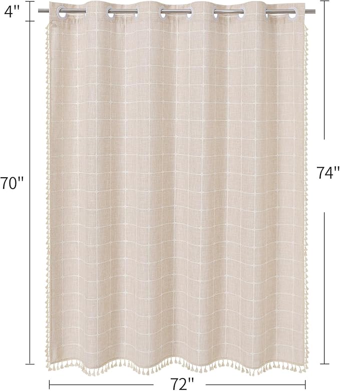 MitoVilla No Hooks Needed Boho Farmhouse Shower Curtain with Snap-in Liner, Cotton Linen Fabric Shower Curtains with Tassels for Rustic Neutral Bathroom Decor, Beige/Cream, 72 x 74