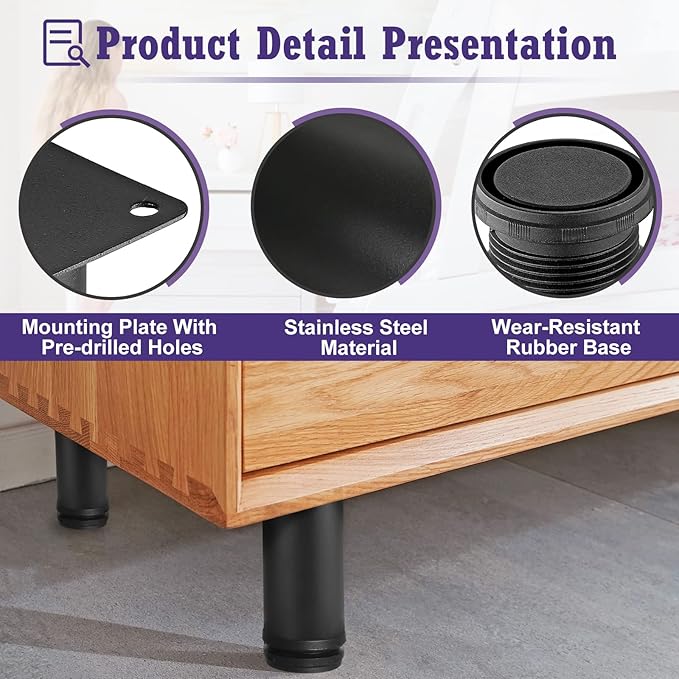 7 Inch Metal Furniture Legs Stainless Steel Adjustable Legs Black Metal Legs Round Cabinet Legs for Coffee Table Cabinet Desk Sofa Shelves, Pack of 4