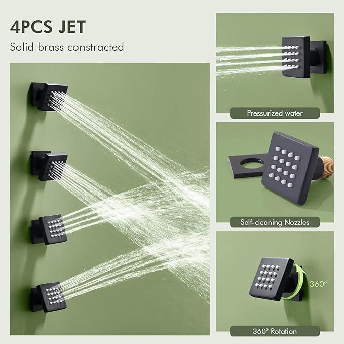 Shower Faucets Sets Shower System with Body Jets, Bostingner 10" Rain Shower Head with 2 In 1 Handheld Spray and 4 Jets, Ceiling Mount All Metal 3 Way Shower Set with Valve and Trim Kit, Matte Black