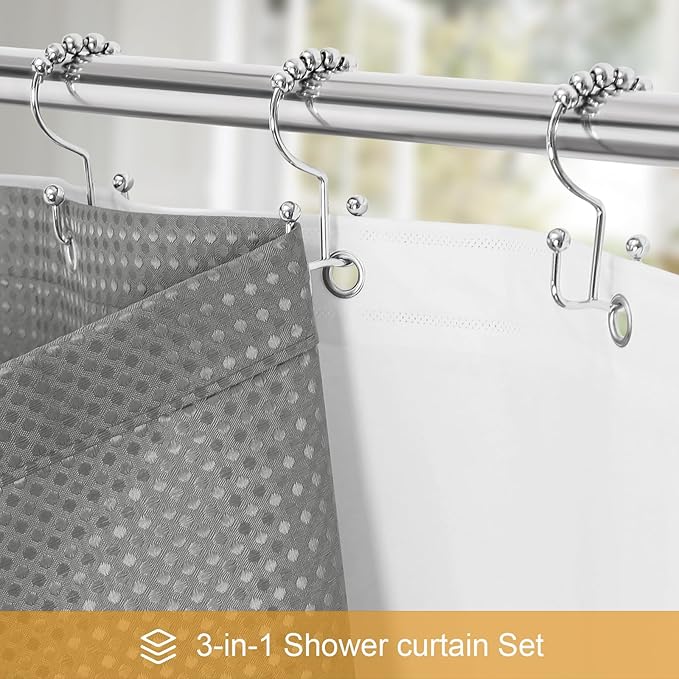 3 in 1 Extra Long Shower Curtain Set-72 W x 84 H, Grey Waffle and PEVA Liner Set with 12 Stainless Steel Hooks, Waterproof Fabric for Bathroom