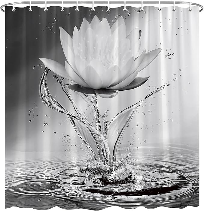 Lotus Shower Curtain Black White Grey Flower Elegant Blooming Floral with Dew Spring Flower Reflection on Water Modern Romantic Polyester Fabric Bathroom Decor 70×90 Inch with Hook