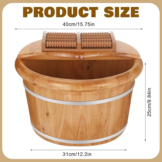 Geelin 10.24 Inch Tall Wooden Foot Bath Bucket with Massage Roller and Lid, Thick Insulated Wooden Foot Basin for Relaxation, Massage Soles, Suitable for Families, Athletes and Elderly
