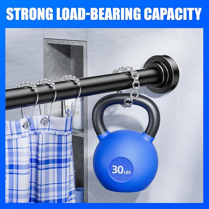 Ausemku Shower Curtain Rod - 32-43 Inch Rustproof Tension Rod, Non-Slip Spring Design, No Drilling Adjustable Curtain Rod for Bathroom, Kitchen, and Closet（Black）