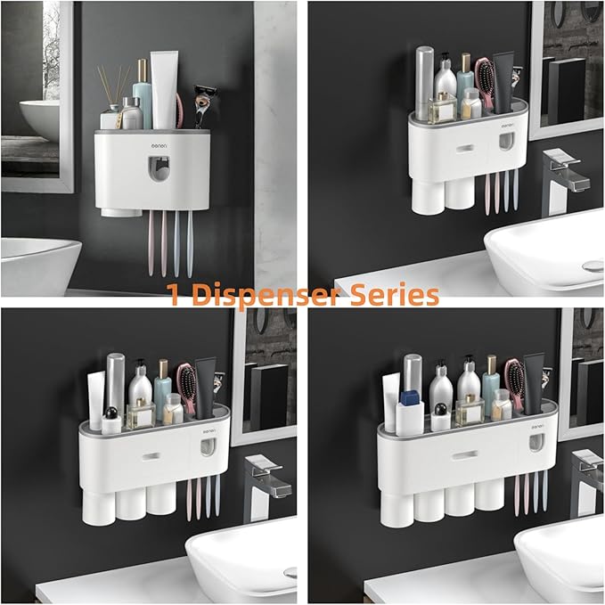 No-Drill Wall Mounted Toothbrush Holder, Bathroom Shelf, with Automatic Toothpaste Dispensers 4 Brush Hooks 2 Magnetic Cups 1 Cosmetic Drawer Organizer and Large Storage (1 Dispenser 2 Cups)