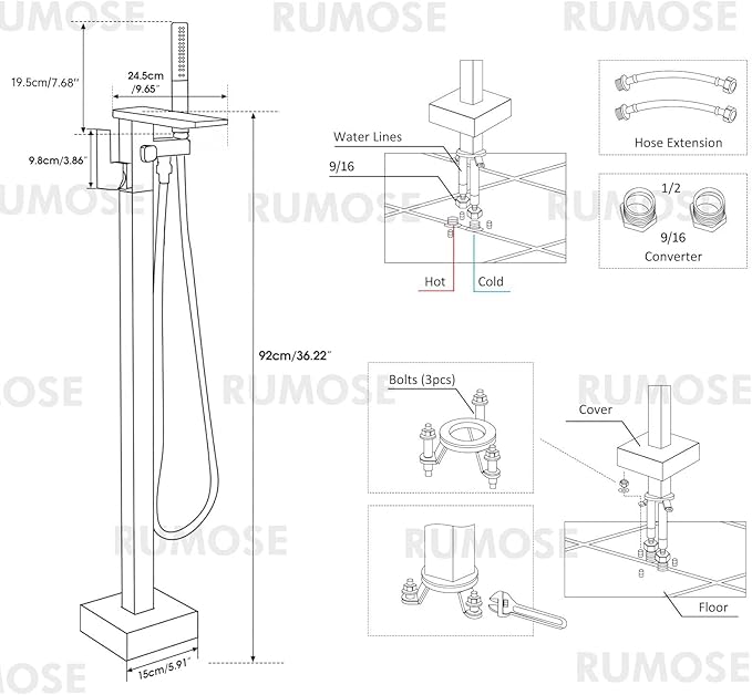 RUMOSE Brushed Nickel Bathtub Filler Freestanding Tub Filler Floor Mount Tub Faucet Waterfall Bathtub Faucet with CUPC Certified High Flow Brass Bath Shower Faucets with Handheld Sprayer