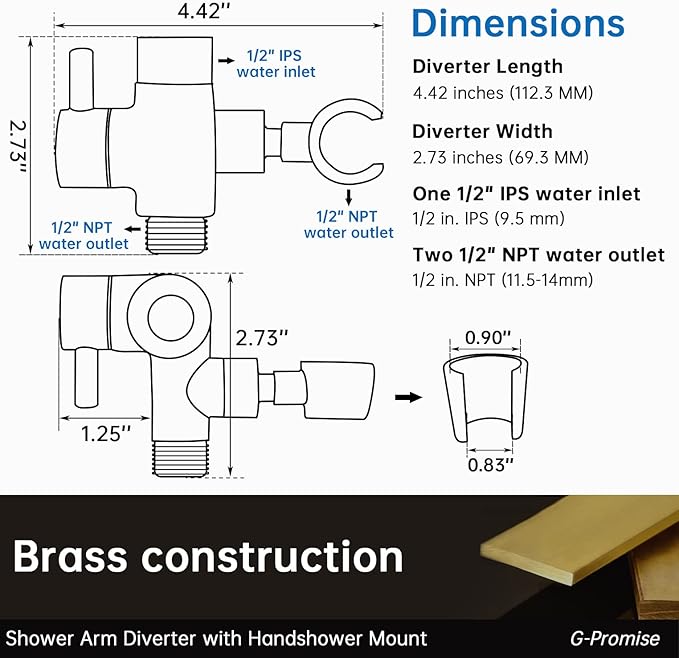 G-Promise Solid Metal Shower Arm Diverter with Holder for Hand Held Showerhead and Fixed Spray Head, G 1/2 3-Way Bathroom Universal Diverter System Replacement Part (Brushed Gold)
