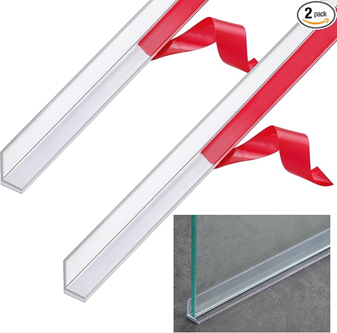 2 Pcs 3/8'' x 73'' Long Clear Vinyl L-Type Seal Strip with Pre-Applied Self Adhesive Threshold Water Dam Barrier Bathroom Glass Shower Door Seal Strip for Gap Frameless Shower Door