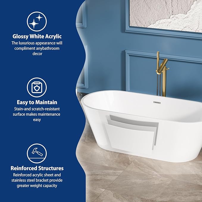 Sarlai 67 Inch Acrylic Freestanding Soaking Bathtub Contemporary Soaking White Tub Stand Alone Ergonomic Bathtub with Black Drain