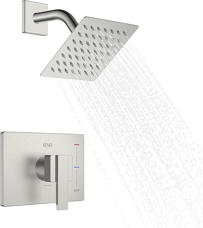 KENES Brushed Nickel 6-Inch Shower Head and Handle Set, Square Shower Faucet Set Bathroom Rainfall Shower System Wall Mount, KE-6025B (Shower Valve Included)