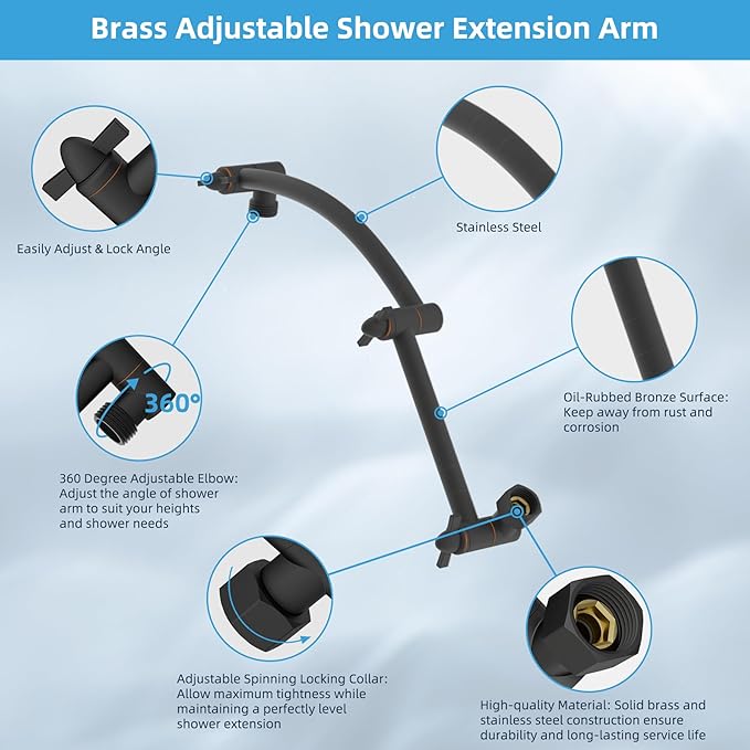 Hibbent All Metal Rain Shower Head, 8'' High Pressure Rainfall Square Showerhead with 16" Extension Arm, Solid Brass Adjustable Shower Arm Extender, Waterfall fixed Showerheads, Oil Rubbed Bronze