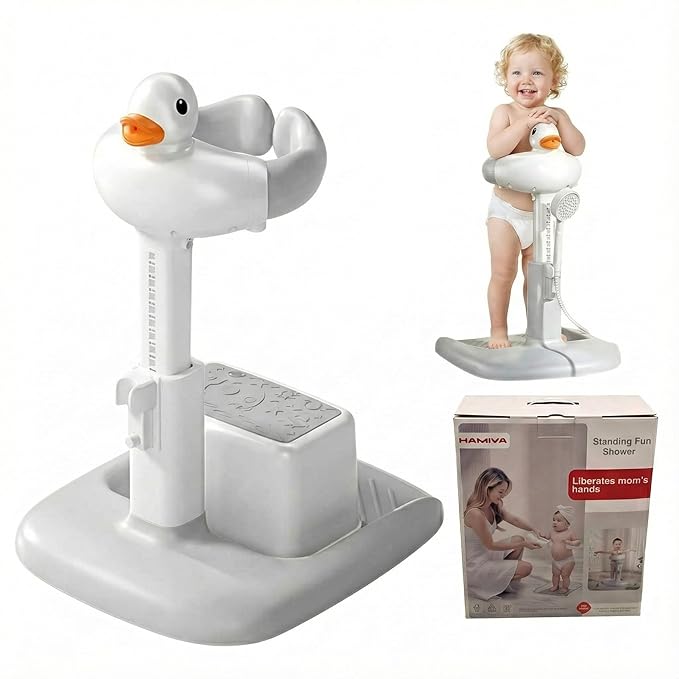 Baby Bath Stand with Built-in Seat - Duck Design - Anti-Slip Base - Baby Shower Stand for Sitting or Standing (Gray)