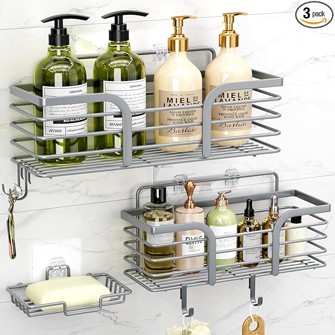 Yougai Shower Caddy 3 Pack, Adhesive Shower Shelf Organizer Rack, Rustproof Stainless Steel Bathroom Organizers and Storage, Large Capacity Wall Mounted No Drilling Bathroom Accessories