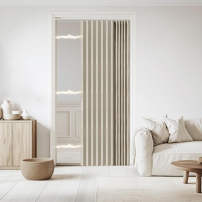 Accordian Door Curtain, 100% Blackout Folding Magnetic Doorway Curtains,Linen Style Closet Doors,for Room Divider,Privacy Protection（W52 x L78,Off White,1 Panel）