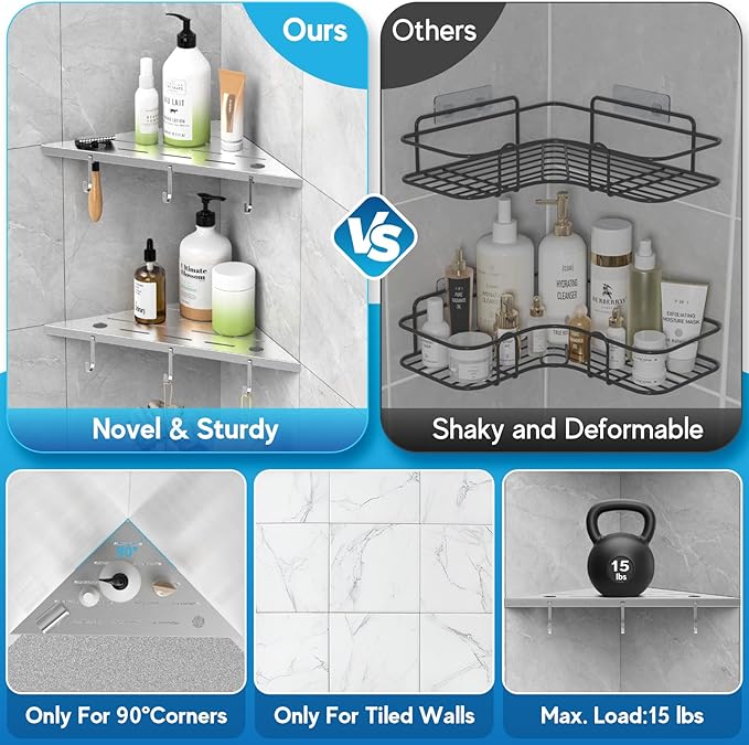 Corner Shower Shelves, 10" Silver 304 Stainless Steel Recessed Shelf for Bathroom，Grout in Shelf with Hooks for Tiled Wall 2 Pack (Silver)