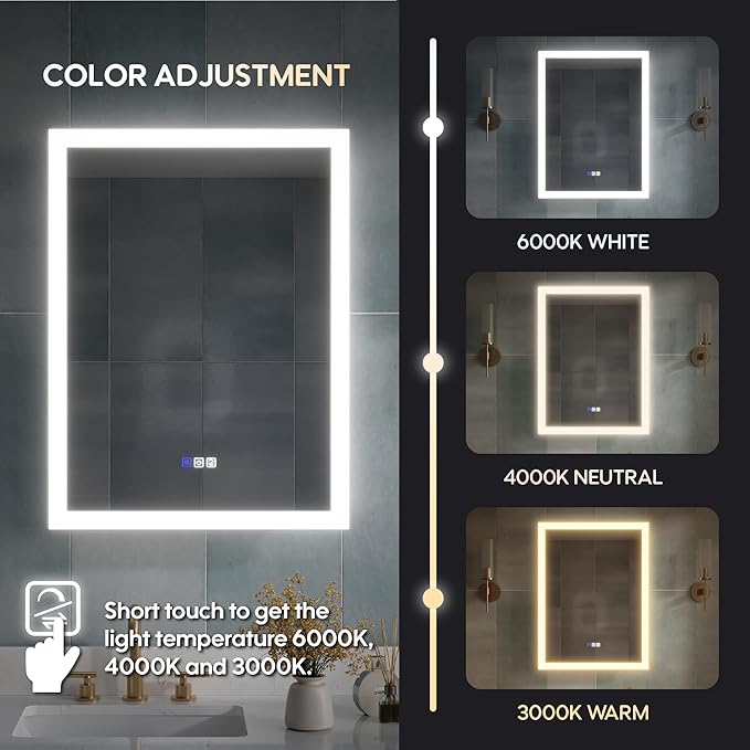 WELLFOR 24 x 32 Inch LED Medicine Cabinet with Lights, 3X Magnification Makeup Mirror, Bathroom Vanity Mirror Cabinet with Storage, Anti Fog, Surface or Recess Mount, Right Opening Door