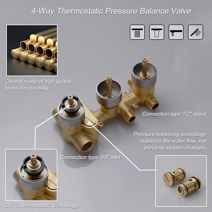 Thermostatic Shower Faucet Set Polished Chrome Rain Shower System with Tub Spout, 12 Inch Ceiling Mounted LED Shower Head and Handheld Spray, 6 PCS Body Jets, 4 Way Brass Shower Vlave