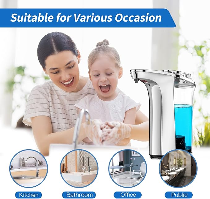Automatic Soap Dispenser Touchless 17oz/500ml, Set of 2 Pack Liquid Soap Dispenser, Battery Countertop Dispensers with 5 Adjustable Levels, Bathroom Lotion Dispensers Over Sink, Silvery
