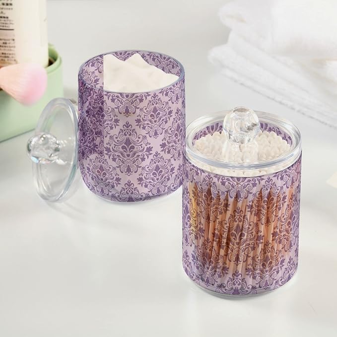 MNSRUU 2 Pack Qtip Holder Organizer Dispenser Purple Morden Floral Bathroom Storage Canister Cotton Ball Holder Bathroom Containers for Cotton Swabs/Pads/Floss