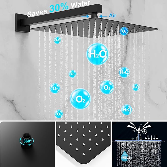 Shower System 12IN Modern Rain Brass Faucet Set With Valve and Diverter Shower Mixer With Handheld High Pressure Square Rainfall Shower Valve (12'' Wall Mount 4 Body Jet, Matte Black)