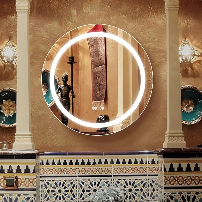 24inch Round Medicine Cabinet with Lights,Led Medicine Cabinet with Defogger,Illuminated Mirror Cabinet for Bathroom,Dimmable,Anti-Fog,3 Colors,Surface Mount Only,Gold