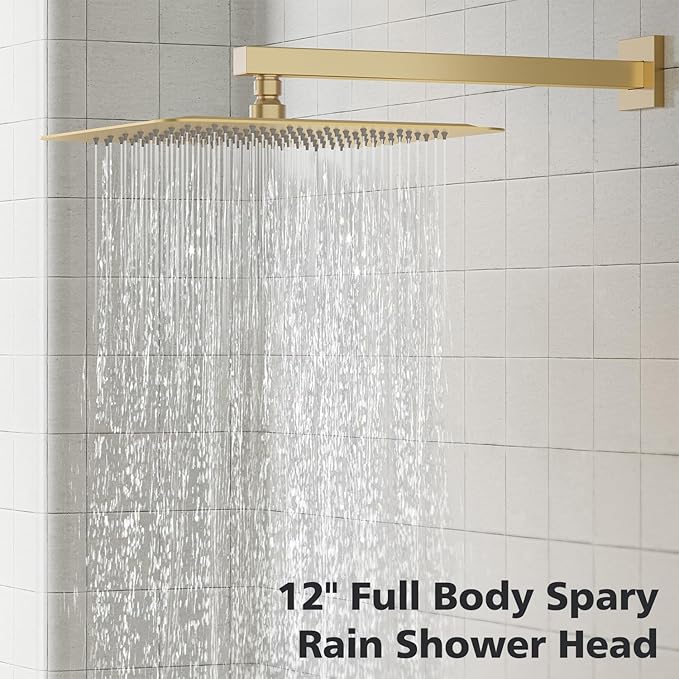 Gabrylly Shower System Gold, Rainfall Shower Faucet Set Complete, 12" High-Pressure Stainless Steel Rain Showerhead with handheld Shower Spray Combo, 2 Way Valve Included, Brushed Gold