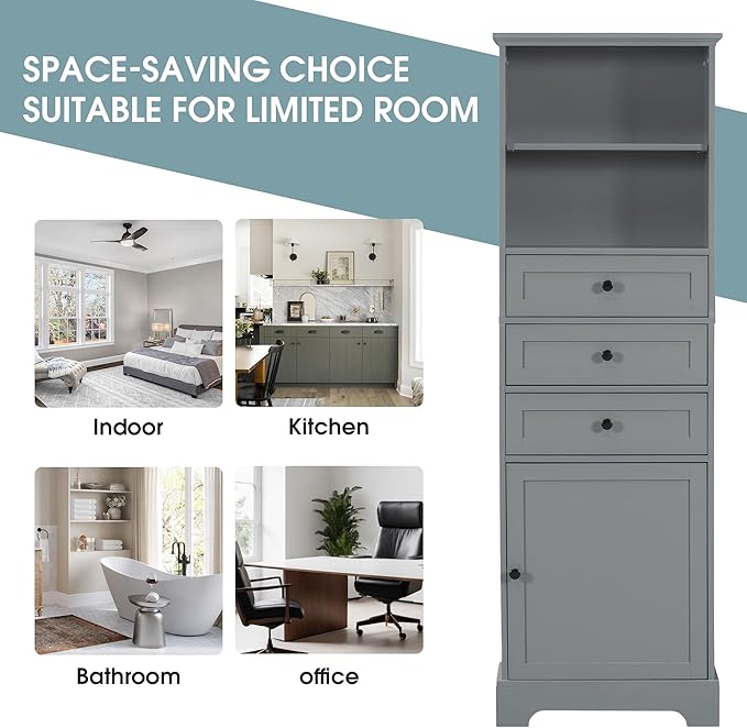 Favfurish 67" Tall Bathroom Storage Cabinet with Door and 3 Drawers,Modern Linen Cabinets w/Adjustable Shelf & 2-Tier Open Shelves,Freestanding Organizer for Bath Room,Study,Office,Grey