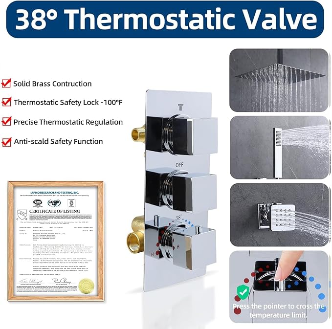 HOMEDEC Brass 4 Ways Shower Diverter Valve, Thermostatic 4 Outlets 3 Handles Control Shower Mixing Valve Trim Kit Replacement, Rough In, Chrome