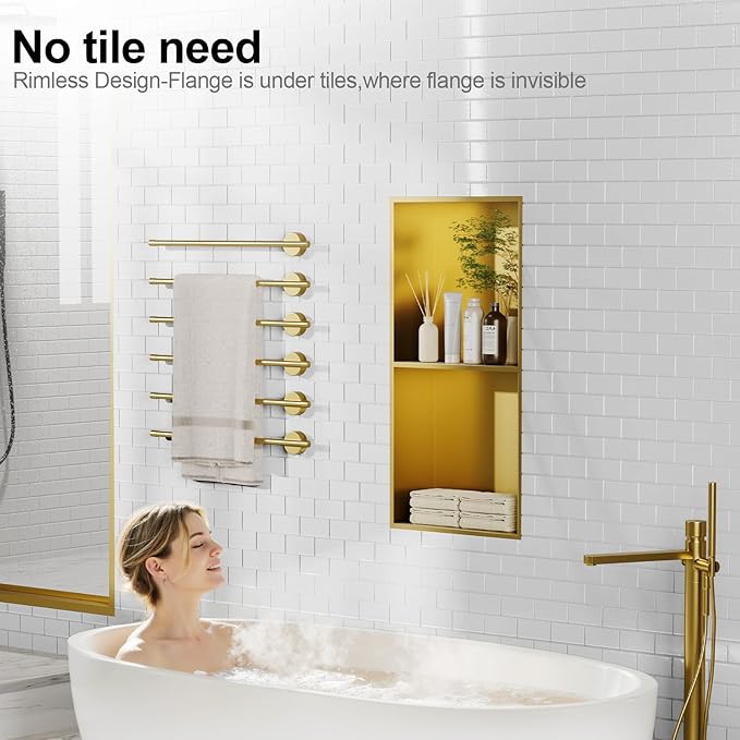 Bathbliss Shower Niche, No‑Tile Recessed Wall Niche, 11.18"x22.3" SUS304 Stainless Steel Double Shelf, Leak‑Proof Waterproof for Bathroom Storage, Brushed Gold