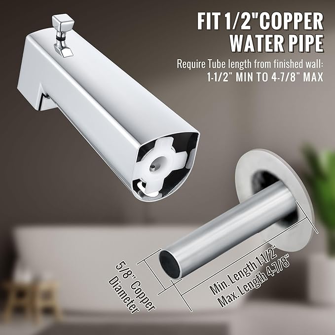 Enhon 7 Inch Slip on Tub Spout with Diverter, Compatible with Moen 3839/Moen 3853, Bathtub Diverter Spout Fits 1/2" Copper Water Tube(5/8" Diameter), 5/32" Hex Wrench(Chrome,Square)