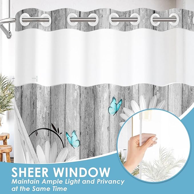 No Hook Flower Daisy Shower Curtain with Snap in Fabric Liner Set, Gray Wooden Boards Double Layers Waterproof Fabric with See Through Top Window Open Grommet Bath Curtain 71x74 Inch