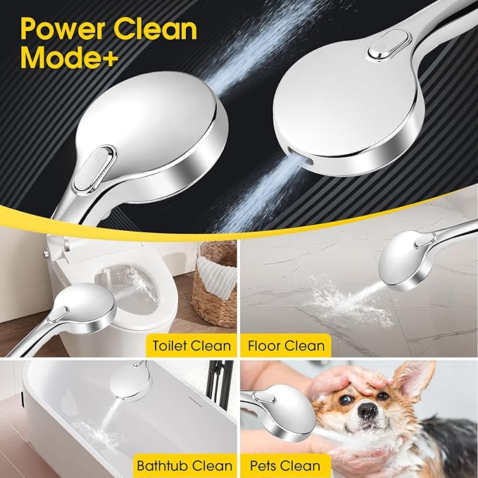 8-Mode High Pressure Handheld Shower Head with ON/OFF Switch,Handheld Shower Wand with Power Wash Spray for Cleaning Tubs,Pets & Tiles,79-Inch Stainless Steel Hose & Bracket,Chrome