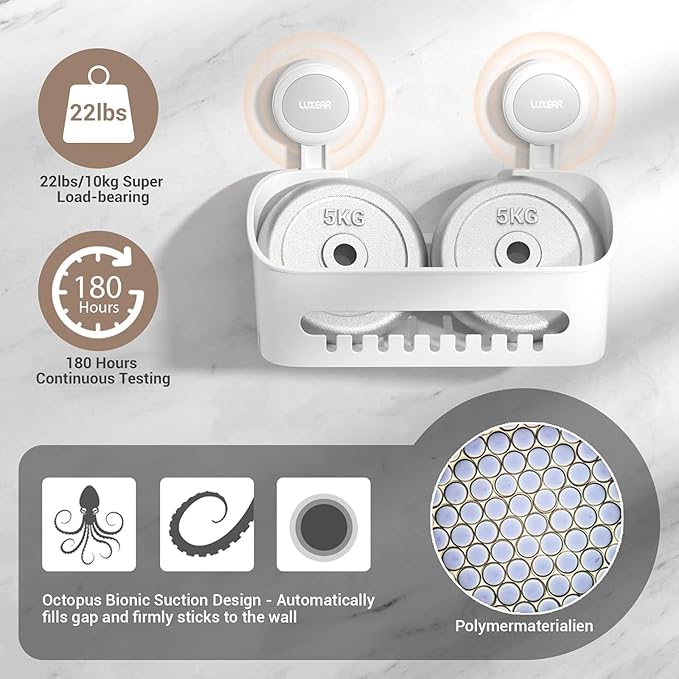 LUXEAR 3 Pack Shower Caddy Suction Cup Set - Shower Shelf, Soap Dish, Toothbrush Holder - White