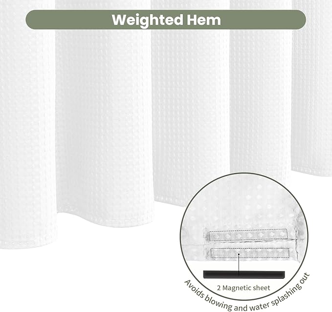 Inhousolu Fabric Shower Curtain Waffle Weave, 230 GSM Heavy Duty, Weighted Hem, 12 Metal Hooks, Water Repellent, Machine Washable, Hotel Spa Luxury Bath Curtain Set, 54 x 78 Inch, White