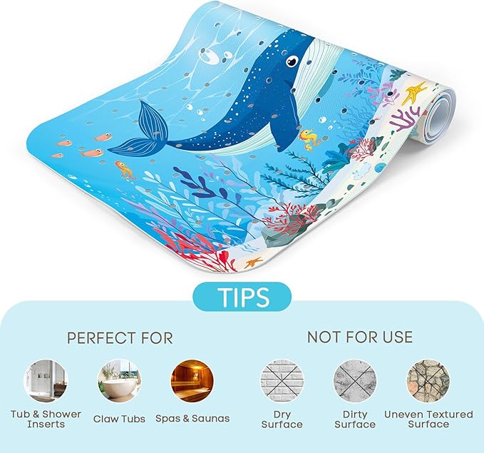SHUCHING Baby Bath Mat for Tub Non Slip-40 X 16 Inch, Extra Long Kids Bathtub Mat Non Slip, Toddler Shower Mat for Bathroom, Whale