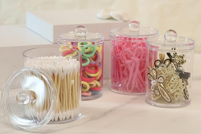 4 Pack Acrylic Qtip Holder Dispenser,Bathroom Canisters Apothecary Jar Set, Bathroom Organizers and Storage,10 oz with 1Gap
