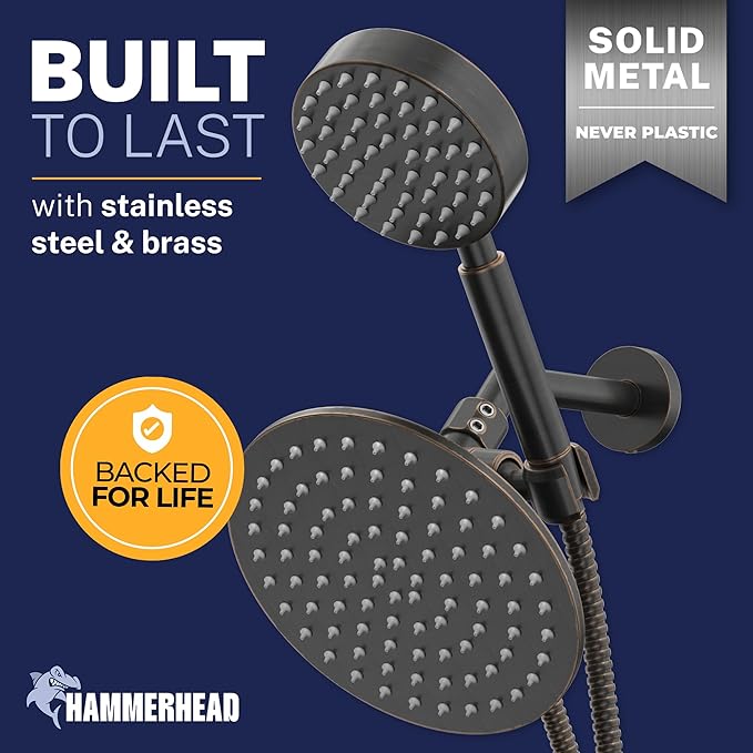 HammerHead Showers® Solid Metal Dual Shower Head Combo – OIL RUBBED BRONZE – 8 Inch Rainfall High Flow Shower Head & Handheld Shower Head High Pressure with Hose 6ft - Hotel-Like Double Shower Heads